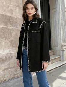 女士休闲优雅撞色滚边口袋前开襟纽扣大衣，秋冬款 - 黑色 - 查看 4
