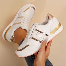 Travel Womens Casual Sport Round Toe Colorblock Design Non Slip Sole Spring Fall Chunky Shoes Tennis Shoes Sneakers Outdoor Office Work Walking - trắng - Xem 3