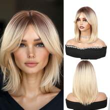 14-Inch Ombre Blonde Straight Synthetic Wig With Bangs, Layered Bob Style, Heat Resistant Fiber Material, Suitable For Daily Wear