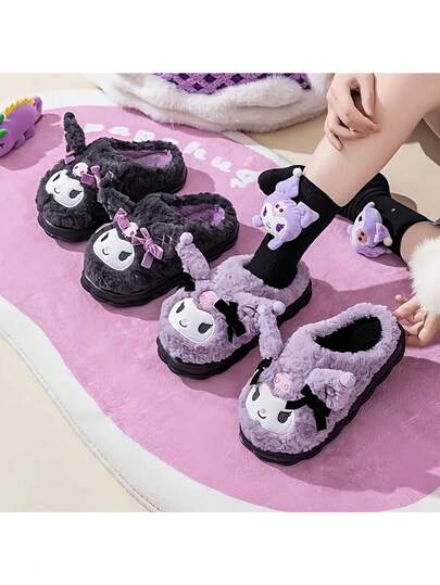 Sanrio Sanrio Kuromi Character Series Cotton Slippers, Women's Slippers, Y2K Style, Solid Color Pattern, Suitable For All Seasons, Warm, Non-Slip, Cushioned Indoor Slippers, Upper, Lining, And Insole Made Of Textile, Sole Made Of PVC,(Some Parts May Be Random), Holiday Necessities, Autumn, Thanksgiving, Christmas, Carnival, National Day, Autumn, Independence Day,(Random Style Shipped)