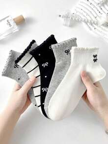 5 Pairs Women's Cute Breathable Striped Bow Polka Dot Pattern Short Invisible Socks, Ankle Socks Crew Socks, Christmas Gift, White Socks, Black Socks For Daily & Casual Wear, Suitable For Fall&Winter, For All Seasons - 彩色 - 查看 5