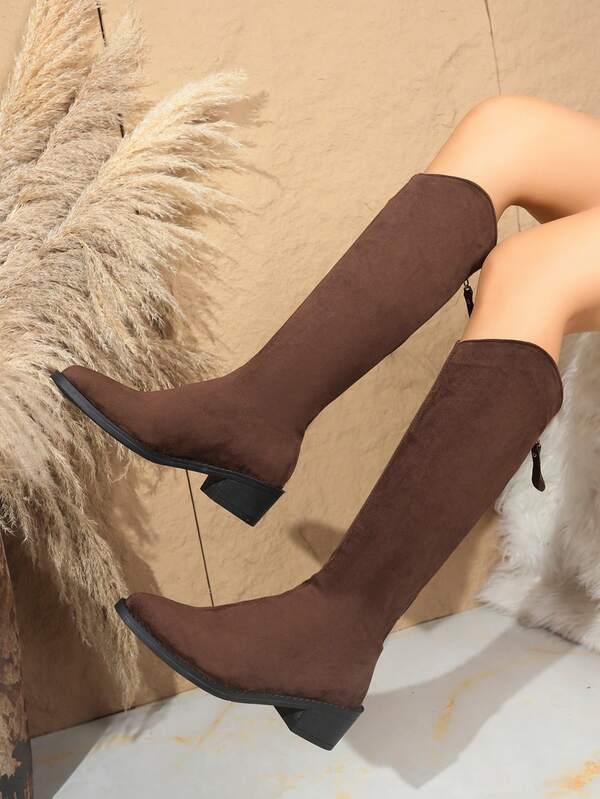 Women's Faux Suede Pointed Toe Knee-High Boots, Brown Office Commuter Long Boots, Versatile Autumn/Winter New Arrival With Back Zipper