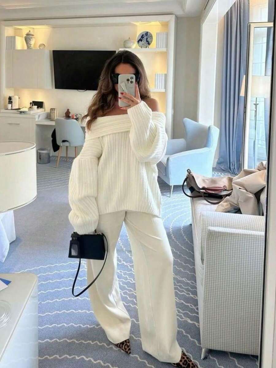 女士时尚纯色罗纹针织毛衣，宽松版型，纯白色，适合秋冬春季穿着 - 杏色 - 查看 1