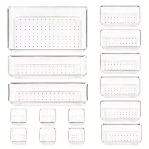 1/7/16/25 piezas Juego de cajas organizadoras de cajón de plástico transparente - Cajas de almacenamiento multifuncionales de 4 tamaños, adecuadas para oficina, escritorio y organización de cajones, material de polipropileno duradero, excelente para uso doméstico y de oficina, organizador de cajón de escritorio | Cajas de plástico transparente | Plástico duradero, Organizador de cajón de escritorio, Organizador de cajón de escritorio, Cajas de almacenamiento de escritorio.