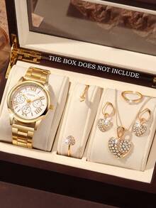 6pcs Fashionable And Versatile Women's Quartz Watch, Round Roman Dial Surface, Gold Steel Strip, Paired With Heart-Shaped Diamond Bracelet, Necklace, Earrings, Ring Jewelry Combination Set, Suitable For Daily And Holiday Wear, Gift Giving