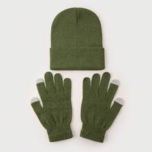 2pcs Set Candy Color Men Solid Knit Beanie Hat And Two-Finger Touchscreen Gloves, Warm And Versatile For Autumn/Winter Daily Wear And Outdoor Winter Warm