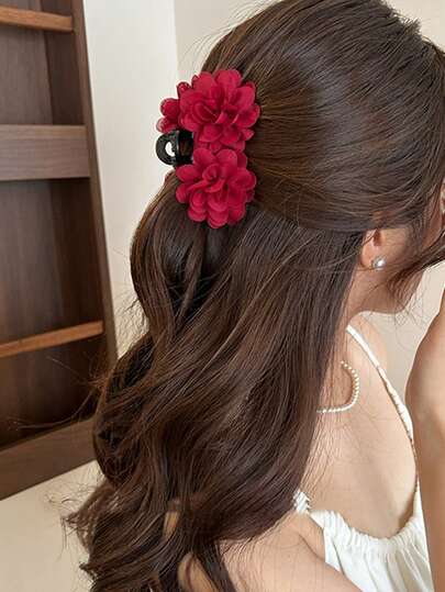 مشبك شعر 1 قطعة طباعة زهرية وأحادية اللون أنيقة بوهيمي من البوليستر بطراز فرنسي رجعي وردي، مناسب للاستخدام اليومي والحفلات والعطلات، إكسسوارات شعر أنيقة مخلب للشعر، أغراض المدرسة والكلية في الخريف والشتاء