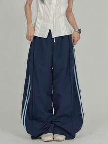 2026 Side Stripe Design Women Casual Loose Fit Wide Leg Pants - Navy Blue - View 2