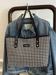 1 件大容量简约千鸟格铆钉装饰女士手提包 - 黑色 - 查看 3