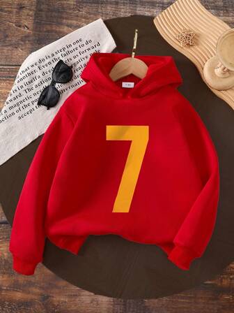 1-Piece Tween Boys Casual Loose Yellow Number '7' Pattern Printed Hooded Long-Sleeved Sweatshirt, Suitable For Fashionable Clothing In Autumn And Winter