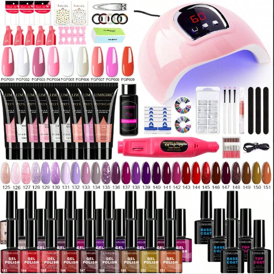 LIMEGIRL 84 Pcs Gel Polish Set, 9 Colors Poly Gel Nail Kit 27 Colors Gel Nail Polish Kit With U V Light All In One Nail Art Starter Kit Suitable For All Seasons - 彩色 - 查看 1