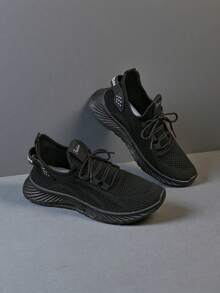 2025 New Style Women's Casual Sports Shoes Solid Color Lace-Up Slip-On Wear-Resistant Eva Insole Women's Tennis Shoes Indoor Exercise Outdoor Hiking Autumn And Winter Women's Shoes - màu đen - Xem 2