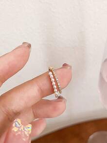 1pc Fashionable Minimalist Faux Pearl & Rhinestone Openable Metal Ring, Suitable For Women's Daily And Holiday Wear - Gold - View 8