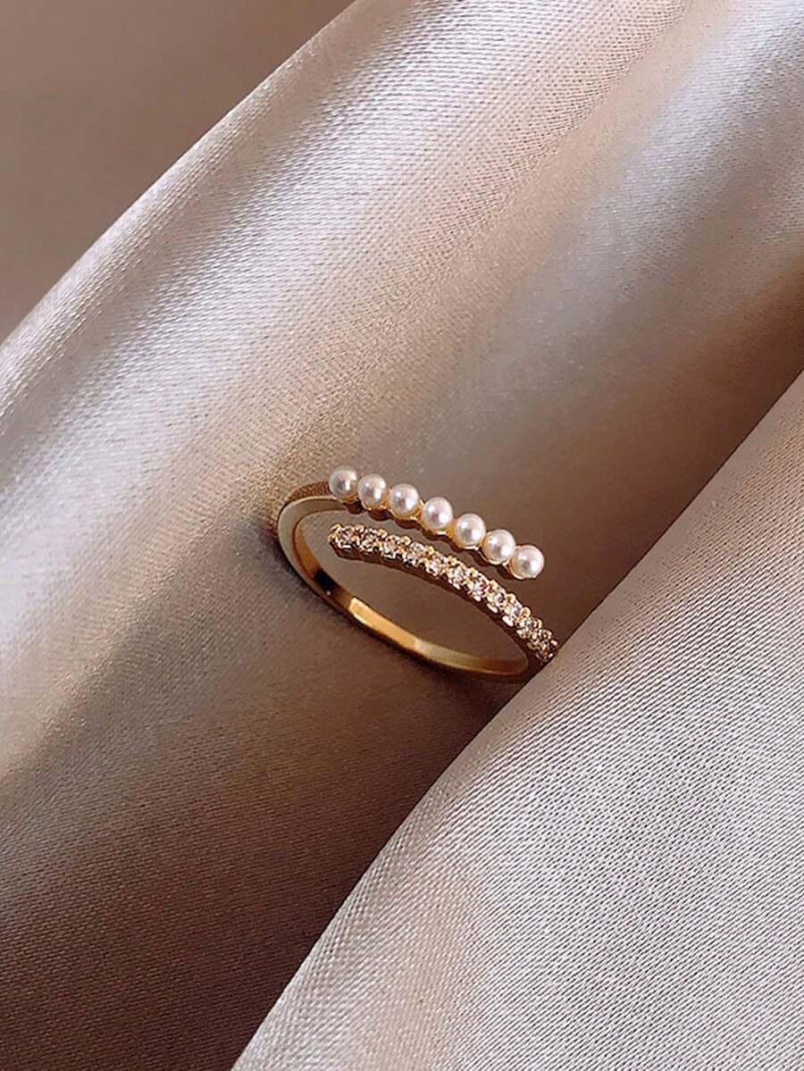 1pc Fashionable Minimalist Faux Pearl & Rhinestone Openable Metal Ring, Suitable For Women's Daily And Holiday Wear - Gold - View 1
