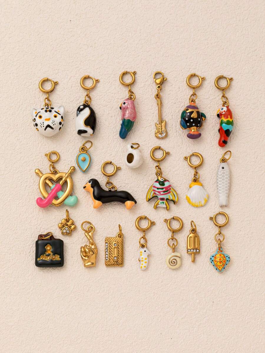 1pc Cute Animal Shaped Pendant, Designs Include Fish, Leopard, Parrot, Dachshund, Penguin, Seahorse, Seashell, Paw Print, Inlaid Zirconia, 18K Gold Plated Stainless Steel, Suitable For DIY Jewelry, Necklace, Bracelet, Earring, Keychain, Bag Charm, Women's Jewelry Accessory, Wallet Decor, Small Pendant, DIY Craft