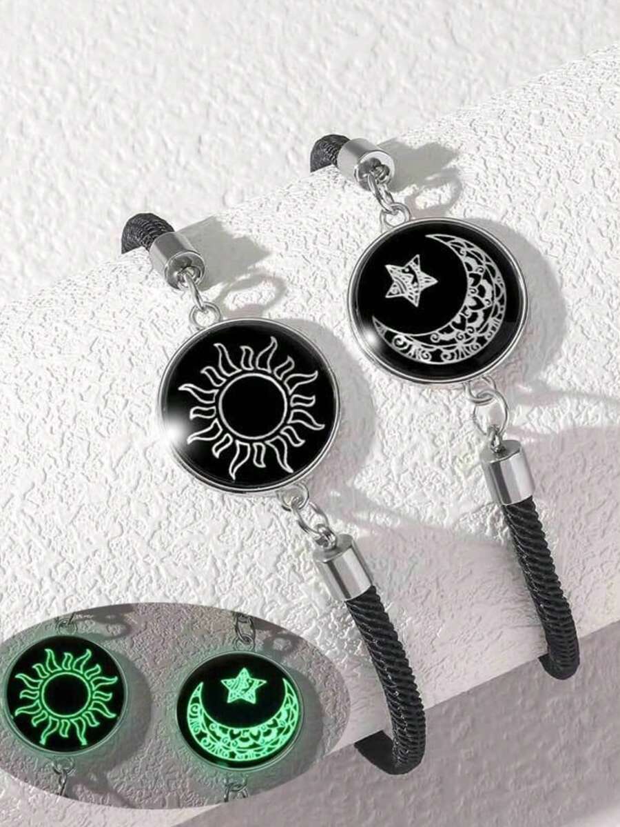 一对欧美时尚日月图案不锈钢宝石友谊手链，夜光手链 - 彩色 - 查看 1