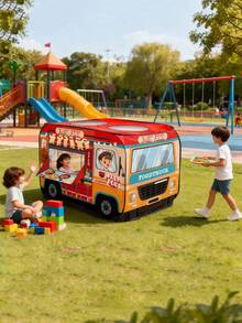 Składany namiot-domek dla dzieci w kształcie food trucka z hamburgerami, odpowiedni do użytku wewnątrz i na zewnątrz, kolorowy design, wytrzymały materiał poliestrowy, łatwy w montażu i przenoszeniu, idealny na kemping, piknik i do zabawy na świeżym powietrzu, idealny prezent na urodziny, Boże Narodzenie, Halloween lub Wielkanoc, plac zabaw na kempingu | Namiot zabaw | Wytrzymały domek do zabawy