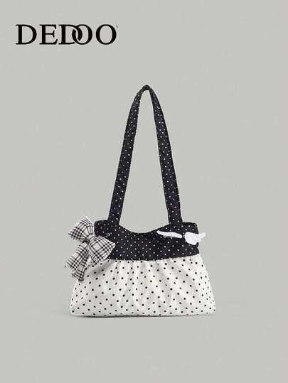 韩式复古风黑白拼接单肩包，可爱独特的蝴蝶结装饰手提包，小众波点女包，适合购物、上班、通勤、旅行