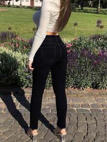 Jeans pitillo de tiro medio para mujer - Pantalones vaqueros de denim elástico con lavado clásico y ajuste ceñido