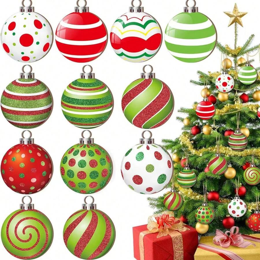 24/12 Pcs 2D Christmas Ball Ornaments, Set Wooden Flat Christmas Ball, Christmas Decoration, Christmas Party, Glittering Plastic Hanging Decorations Elf Balls Swirl Candy Cane Peppermint Red And Green Christmas Tree Pendants For Xmas Tree Decoration - Christmas Flower Head 02 - View 1