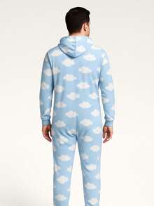 Mameluco Pijama de Una Pieza Estampado de Felpa Suave para Adulto con Cierre Kigurumi para Hombre - Neblina azul - Ver 2