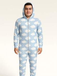 Mameluco Pijama de Una Pieza Estampado de Felpa Suave para Adulto con Cierre Kigurumi para Hombre - Neblina azul - Ver 1