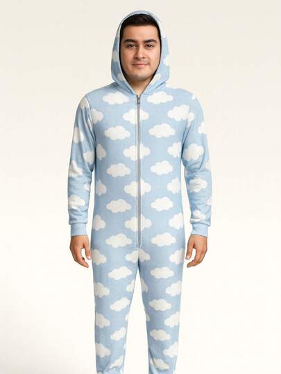Mameluco Pijama de Una Pieza Estampado de Felpa Suave para Adulto con Cierre Kigurumi para Hombre