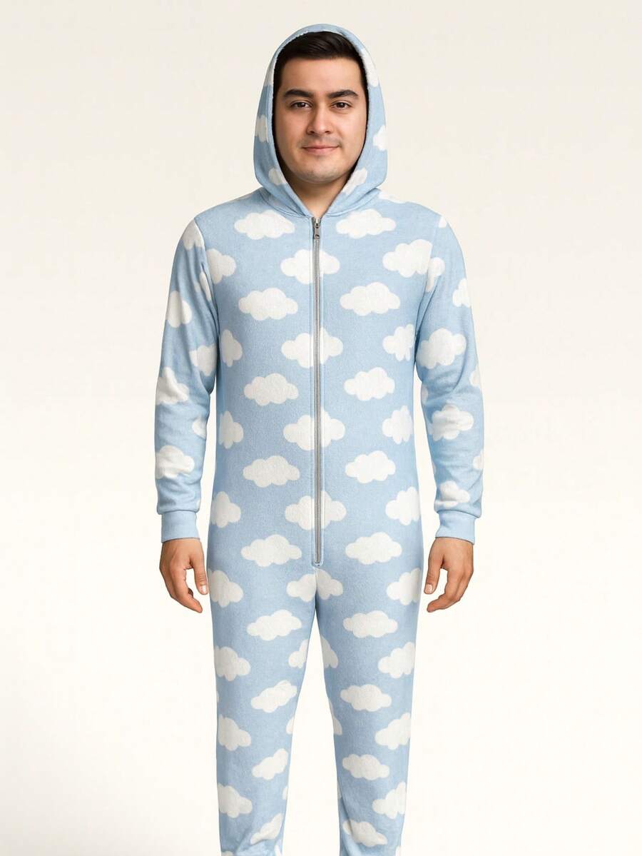 Mameluco Pijama de Una Pieza Estampado de Felpa Suave para Adulto con Cierre Kigurumi para Hombre - Neblina azul - Ver 1
