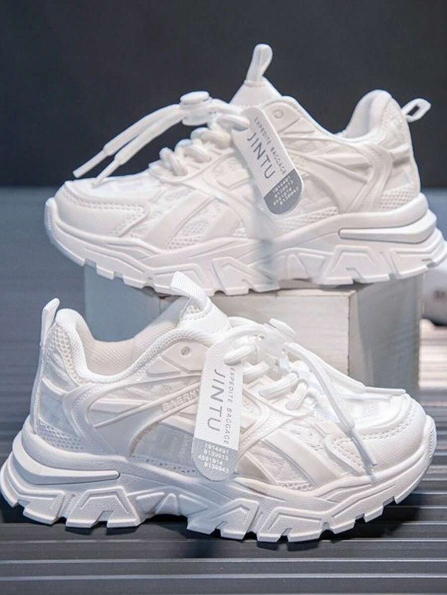 Boys And Girls Breathable Mesh White Sneakers, Elastic Slip-On Sports Shoes For Older Kids, All-Season Casual Running Shoes For Students - White - View 1