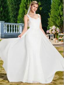 优雅无袖高腰鱼尾下摆A字型婚纱，适合草坪婚礼仪式白色礼服 - 白色 - 查看 2