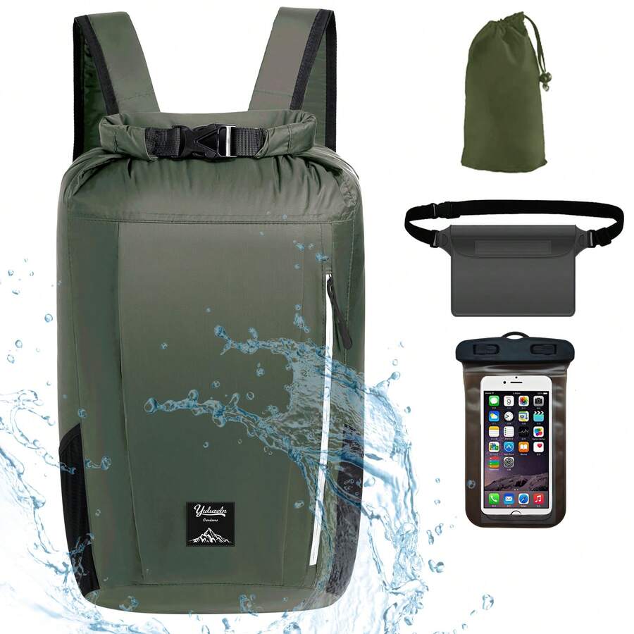 20L Waterproof Backpack Dry Bag - Waterproof, Suitable For Kayaking, Boating, With Waist Pack, Phone Case, Lightweight, Floatable, Suitable For Kayaking, Hiking, Heavy Duty Roll Top Backpack, Suitable For Travel, Kayaking, Boating, Camping, Rafting And Fishing, Large Capacity Travel Bag For Sports & Fitness, Unisex, Durable Waterproof Swim Bag, Waterproof Beach Bag - Army Green - View 1