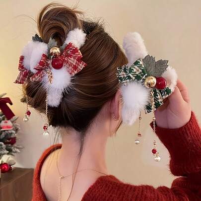 1pc Elegant Christmas Plush Bow Tassel Hair Claw Clips For Women - Red & Green Rectangular Non- Hair Claw With Faux Fur, Pine Leaves & Golden Accents, Secure Hold For Updos, Parties, Holidays, Mother's Day, Christmas,Easter Gifts,New Year's Gift,Er Gifts,Christmas Decorations, Christmas Home Decorations, Christmas Gifts
