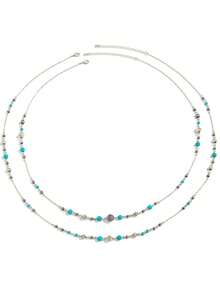 1 Set Of 2 Vintage Asymmetrical Turquoise-Like Metal Ball & Tassel Necklace Set, Sophisticated Geometric Beaded Pendant Sweater Chain Necklace, Suitable For Women's Daily, Vacation, Party Wear