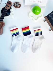 3 pares de calcetines a rayas de colores del arcoíris, calcetines transpirables de media pantorrilla, estilo callejero, adecuados para primavera, otoño e invierno