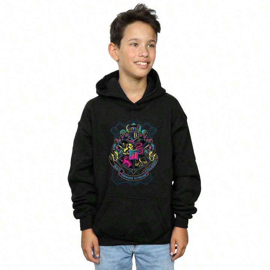 Harry Potter Boys Neon Hogwarts Crest Hoodie (Black) - Coffee Brown - View 1
