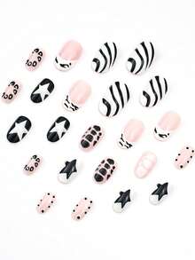 24 piezas de uñas ovaladas prensadas, diseños de uñas estilo francés en negro y blanco con patrones de estampado de leopardo para otoño e invierno, patrones de estrellas en negro y blanco profundo, un conjunto de dedos completos con estilo retro, creando un hermoso look de maquillaje. Uñas ovaladas prensadas. Adecuado para que las mujeres y las niñas lo usen durante citas y reuniones diarias.