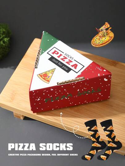 1 Pair Premium Realistic Pizza Design Mid-Calf Socks Gift Box, 2025 Autumn/Winter New Arrival, Unisex Funny Comfortable Soft Socks Suitable For Halloween, Christmas, Thanksgiving, Carnival, Easter, Party, Birthday, Valentine's Day And Other Holidays, Fashionable Colorful Socks, Ideal Gifts For Men/Women
