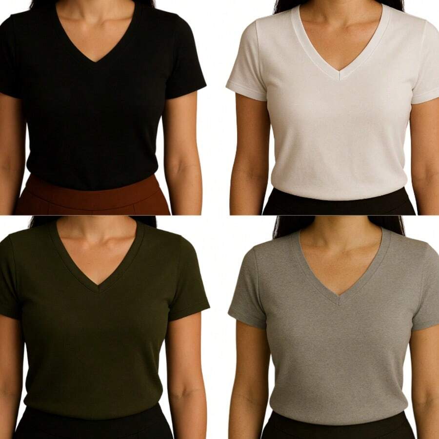 Kit Of 4 Basic V-Neck Short Sleeve Ribbed Blouses - White, Black, Gray, Military Green - View 1