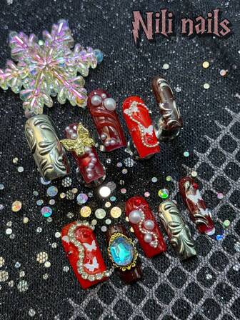 Get Romantic With Handmade 10Pcs Square Shape Medium Long Red Sweet Girl FullCoverage Fake Nails, Chrome Asymmetrical Line Nails 3D Three Dimensional Decoration Butterfly Japanese Style FullCover Press On Nail Kit With Rhinestone Design&Faux Pearls Suitable For Girls And Women With 1Pc Mini Nail File&1 SheetAdhesive Tabs