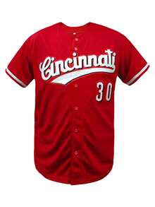 KTYSDE Men's #30 Red Baseball Jersey, Cincinnati Letter Embroidery Loose V-Neck Short Sleeve Button Cardigan Sports Top, Suitable For Casual Daily Wear, Streetwear, Baseball, Golf Training, Fan Gift, Unisex - 紅色 - 查看 2