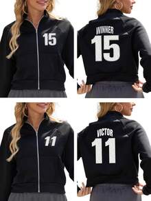 Custom Women's Short Jacket For Fall,Fall Clothes For Women,Winter Clothes For Women,Halloween Clothes Women,Flocked Print, Half-Zip Stand Collar. Casual Black Outerwear,Perfect For Going Out, Shopping, Holidays, Parties, Gatherings Or Travel.