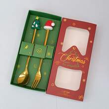2pcs Christmas Spoon Set, Christmas Gift Tableware, Dessert Spoon & Fork With Santa Claus & Reindeer Figurine - Multicolor - View 13
