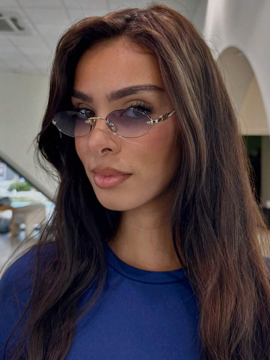 1 pieza Gafas de mujer con montura metálica sin marco de color gris oscuro, con forma ovalada y borde metálico, adecuadas para uso diario, elegante para vestir en verano, playa, vacaciones, al aire libre, viajes, estilo preppy para volver al colegio
