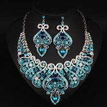 3PCS New Luxury Heavy Craft Fashion Necklace And Earring Set, Very Tasteful Women's Dress Banquet Exquisite Jewelry Accessories - 10-2006 Xanh lam - Xem 3