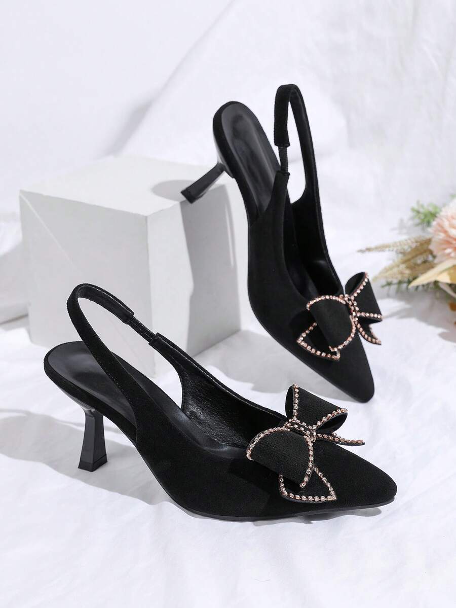 Fall/Winter New Stylish Black Kitten Heel Rhinestone Bow Decor Office Party Wedding Women High Heel Pumps, Elegant - Black - View 1