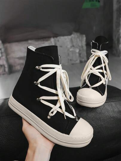 1 par de zapatos de pareja, Nuevos zapatos de lona de primavera 2026 para hombres con suela gruesa, estilo vintage con cordones y cremallera lateral, estilo simple de patinaje de pareja, transpirables, antideslizantes, de suela gruesa y unicolor, para estudiantes o uso casual al aire libre