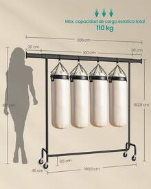 Burro Ropa con Ruedas, Perchero Burro Extensible con Carga Pesada, Capacidad de Carga de 110 kg, 45 x (160-200) x 162,9 cm, Fácil de Montar, Portátil, Negro - Negro - Ver 5