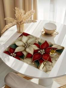 1/2/4 Piezas Manteles Individuales Florales Navideños, Diseño Floral de Acebo Rojo y Verde, Manteles Individuales Rectangulares Impermeables y Resistentes al Calor de Poliéster Tejido, Lavables a Máquina, Decoración del Hogar Navideña y de Invierno, Adecuados para Reuniones Familiares, Fiestas, Decoraciones Navideñas, Decoración de Mesa de Comedor Navideña, 32x42cm - Rojo y blanco - Ver 4