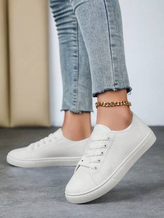 Women's White Sneakers - Casual Lace-Up Flat Shoes, Soft Rubber Sole, Comfortable Fabric Upper And Lining, Versatile Low-Top Design, Suitable For Casual Wear, Women's Athletic Shoes