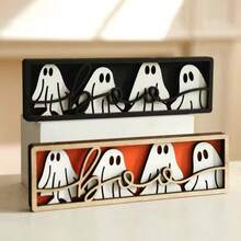1 قطعة لافتة طاولة خشبية بشكل شبح هالوين "بو" - تمثال شبح أسود وأبيض جميل، ديكور مكتبي هالوين ريفي، ديكور صينية متدرجة مخيف للمنزل والمكتب والحفلات